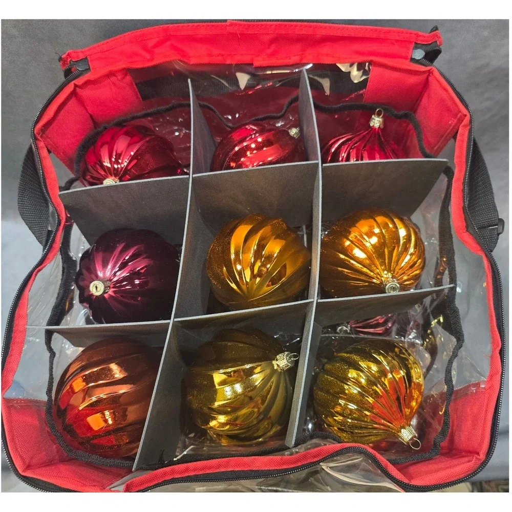 Assorted Christmas Ball Ornaments Red Gold Copper Ribbed Set with Storage Bag